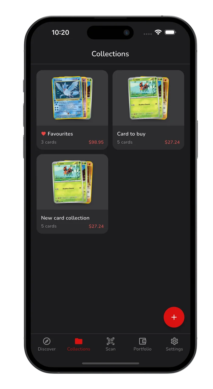 Kardexy collections screen showing Favourites and buy lists with each collection's total value