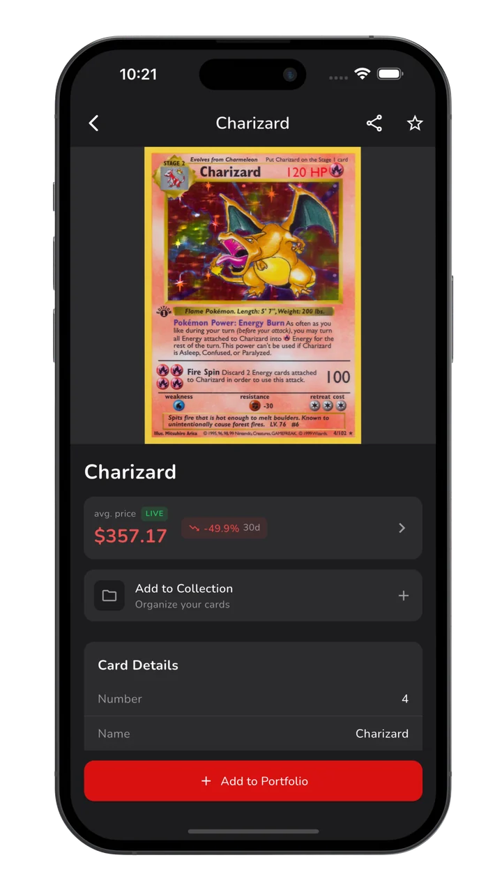 Kardexy showing a Base Set Charizard with its live average market price of $357.17 and a 30-day trend